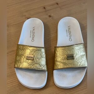 Valentino Gold & White Embossed Slide Sandals - Size 36